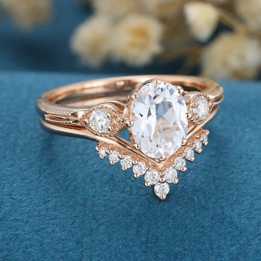Oval Brilliant cut moissanite 925 sterling silver 4 prongs channel engagement Ring set MRG015
