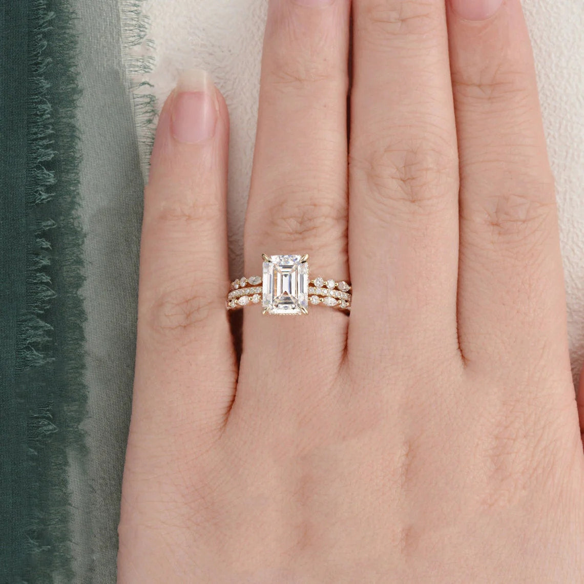 Emerald cut moissanite 925 sterling silver pave Engagement Ring set MRG026