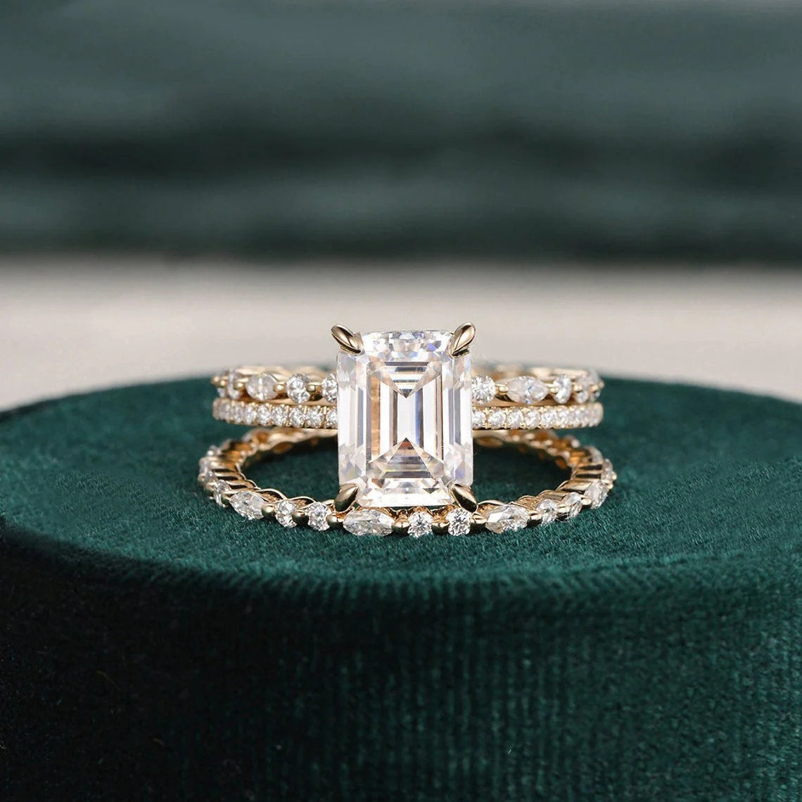 Emerald cut moissanite 925 sterling silver pave Engagement Ring set MRG026