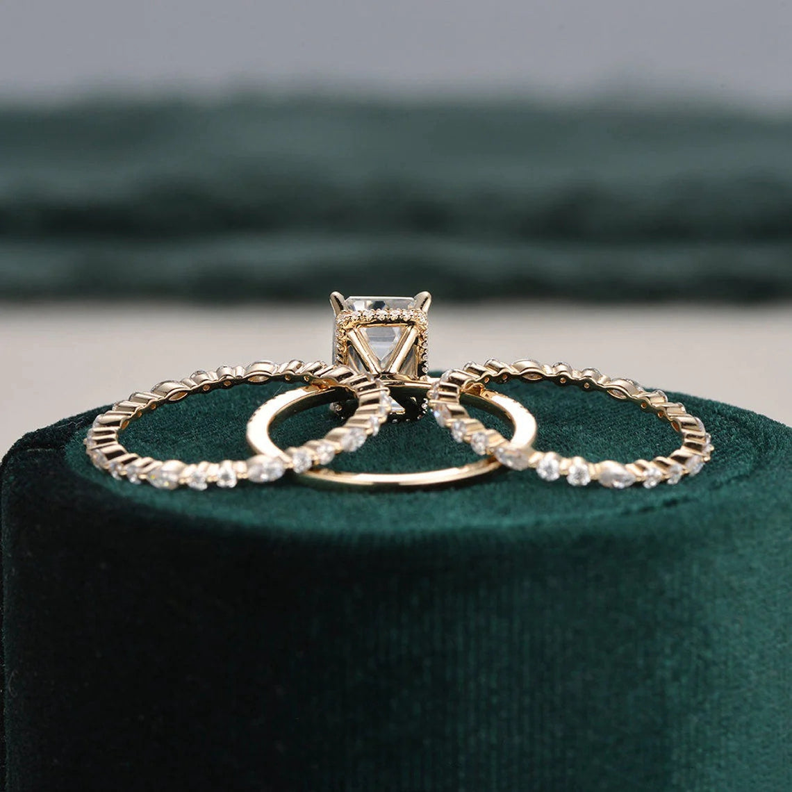 Emerald cut moissanite 925 sterling silver pave Engagement Ring set MRG026