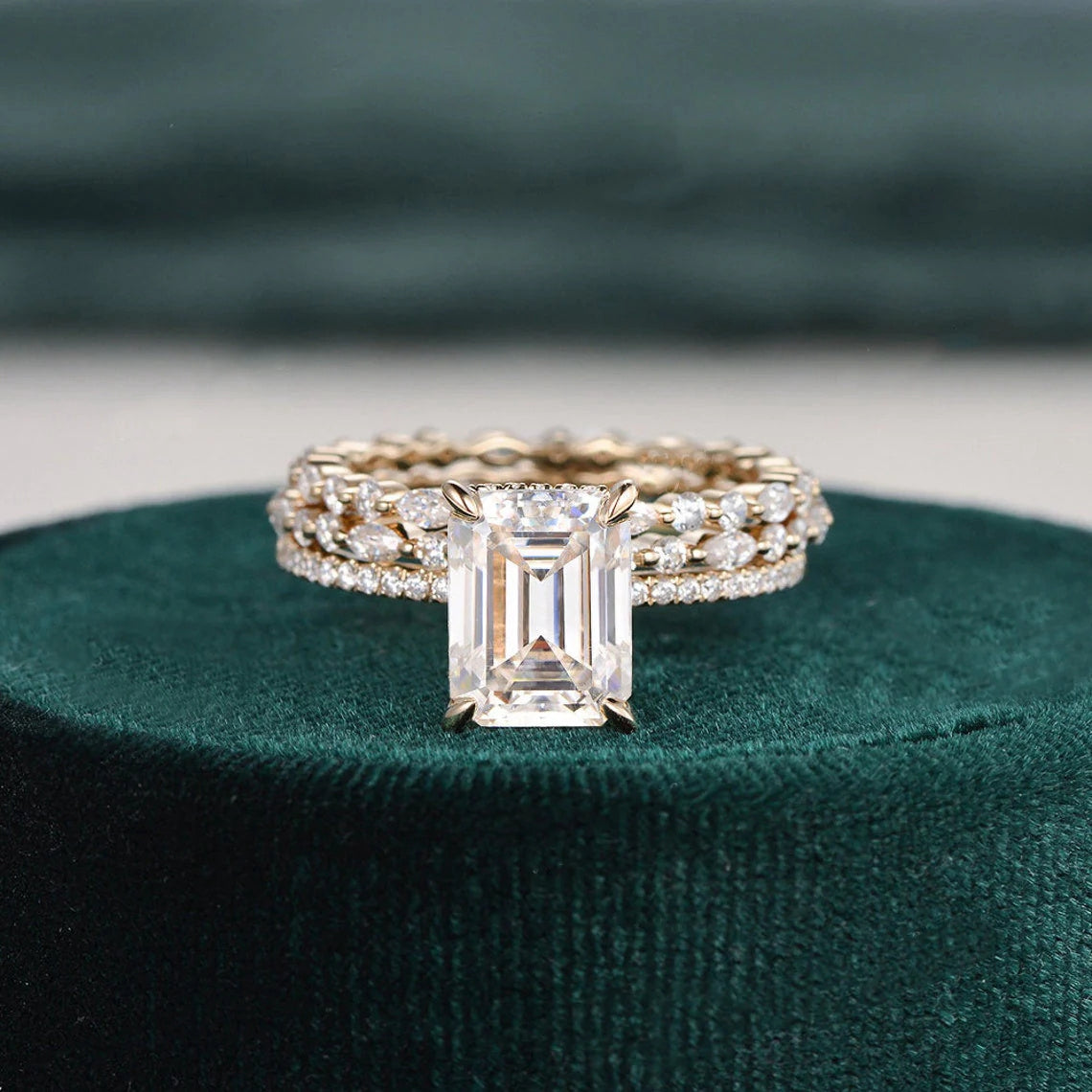 Emerald cut moissanite 925 sterling silver pave Engagement Ring set  MRG026