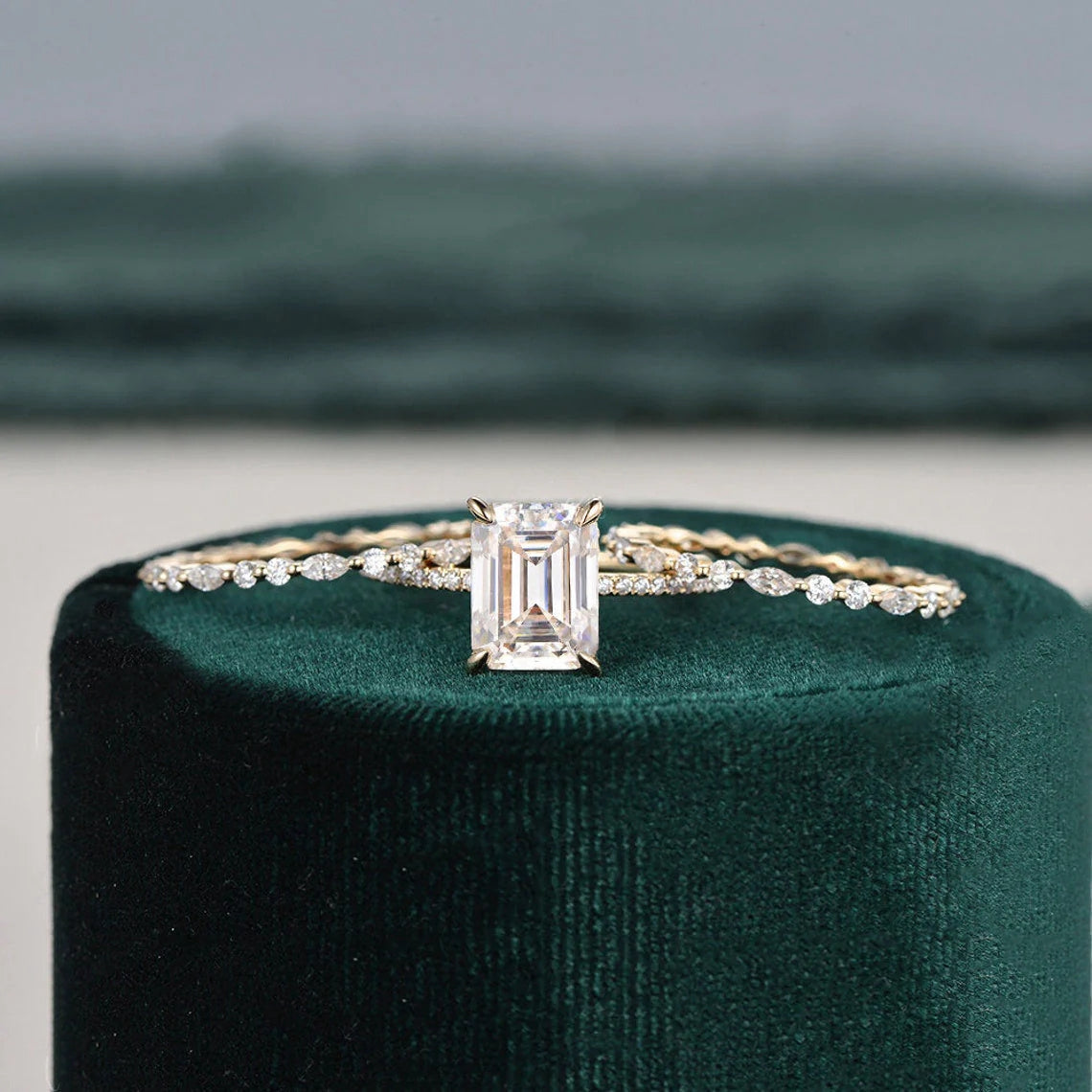 Emerald cut moissanite 925 sterling silver pave Engagement Ring set  MRG026